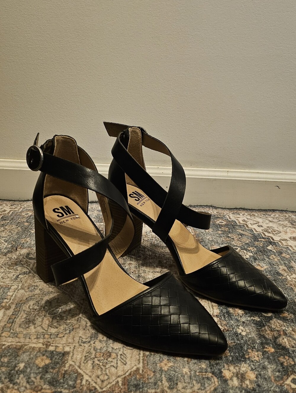 SM New York Black Woven Calliope Chunky Block Heel Pumps 9.5